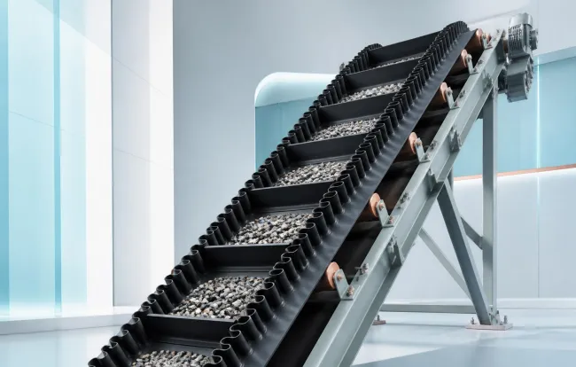 Conceptual view of an elevator conveyor belt with corrugated sidewalls and transverse cleats